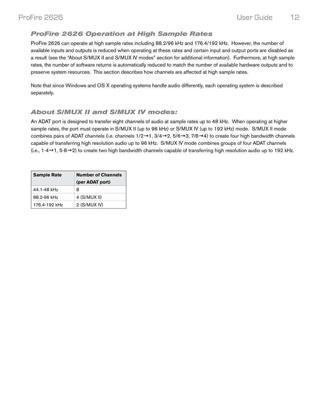 M-Audio manual ProFire 2626 Operation at High Sample Rates, About S/MUX II and S/MUX IV modes 