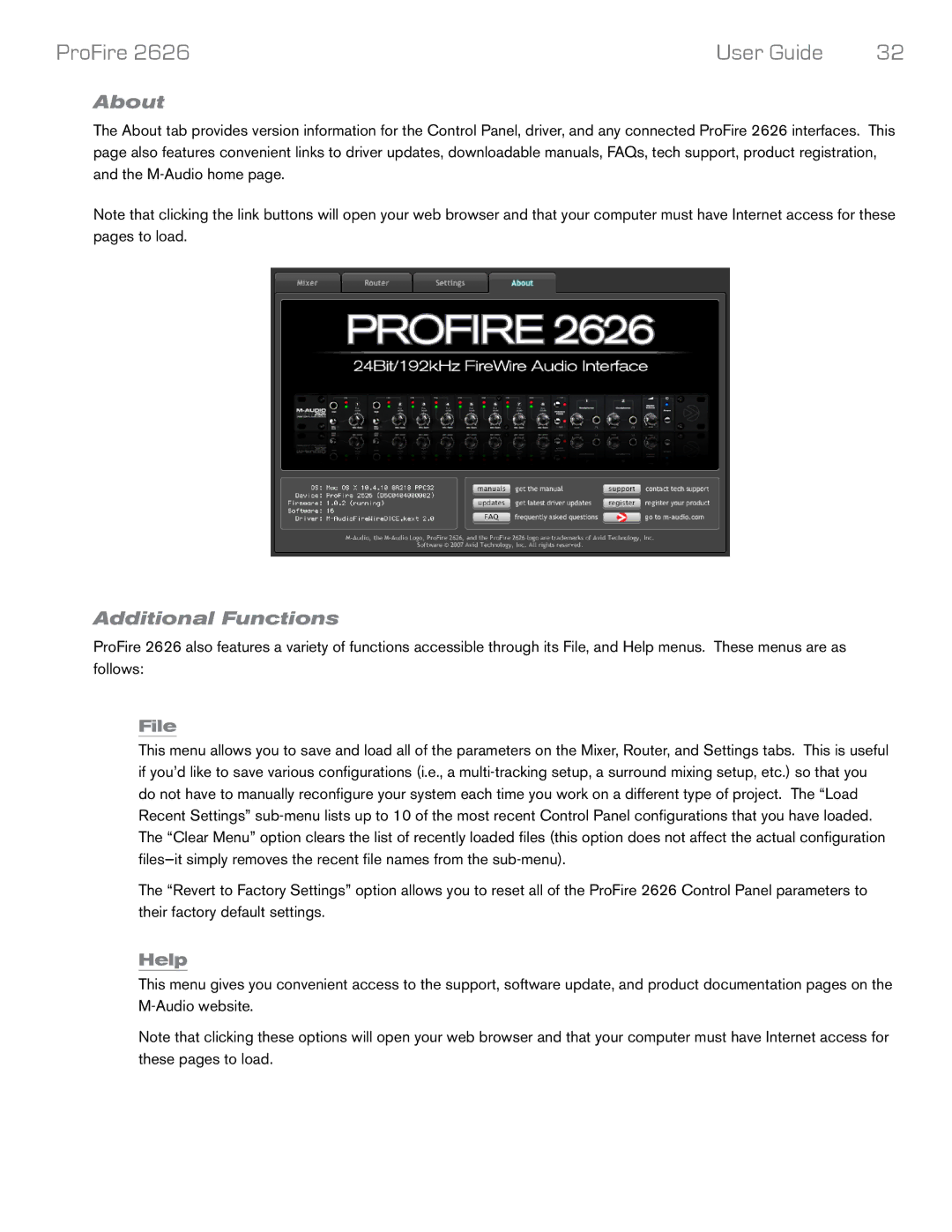 M-Audio 2626 manual About, Additional Functions, File, Help 