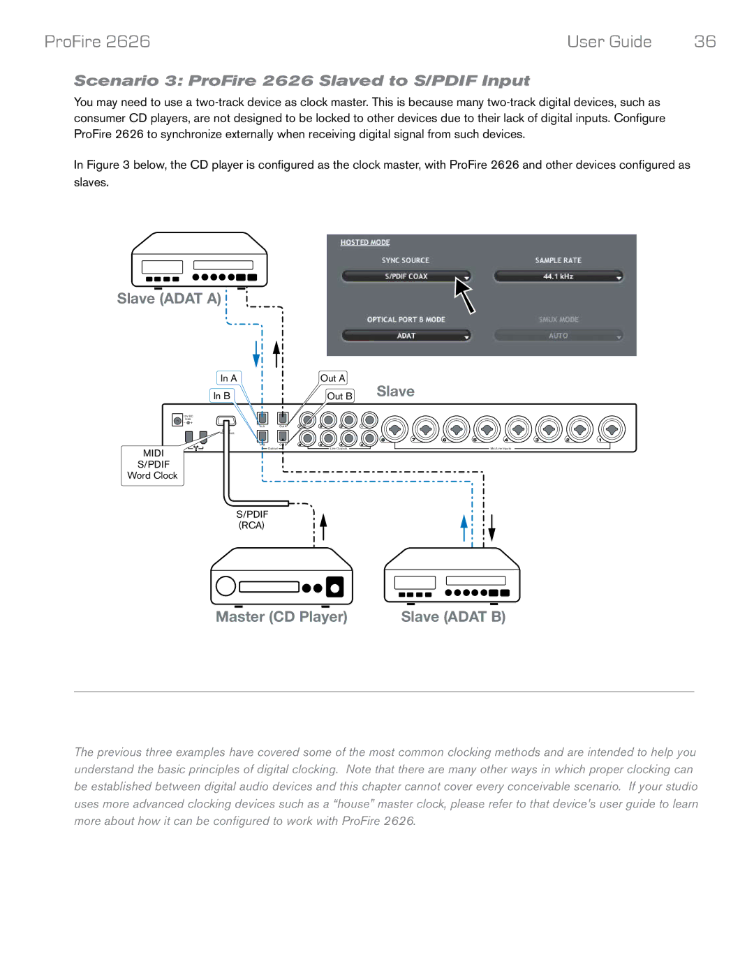 M-Audio manual Scenario 3 ProFire 2626 Slaved to S/PDIF Input, Master CD Player 