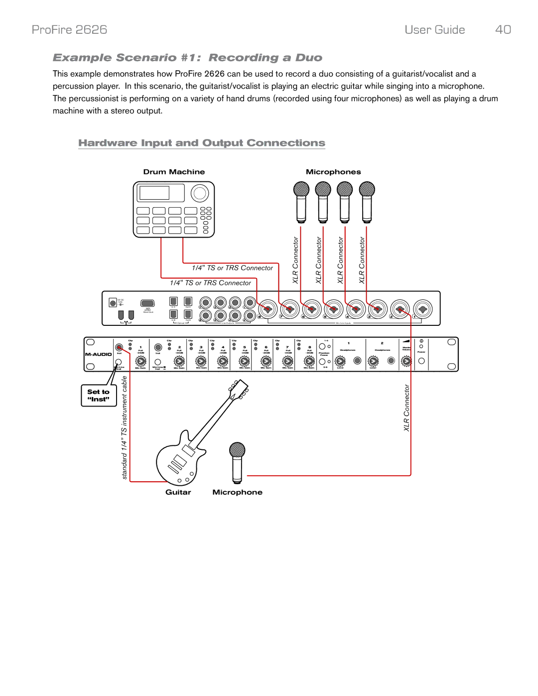 M-Audio 2626 manual Example Scenario #1 Recording a Duo, Hardware Input and Output Connections 