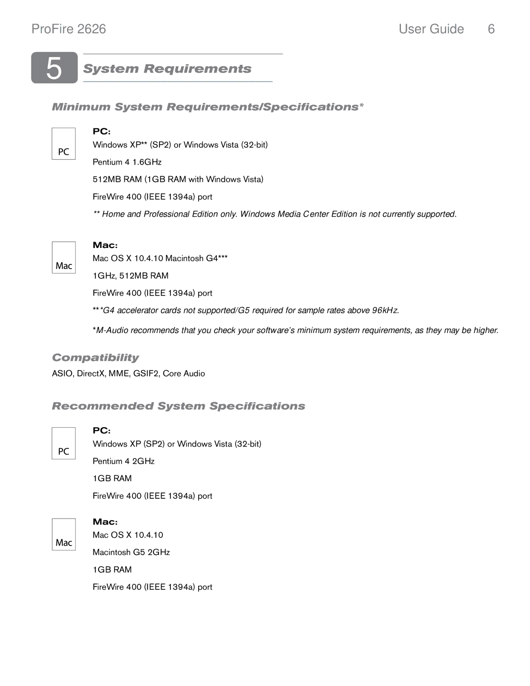 M-Audio 2626 manual Minimum System Requirements/Specifications, Compatibility, Recommended System Specifications 