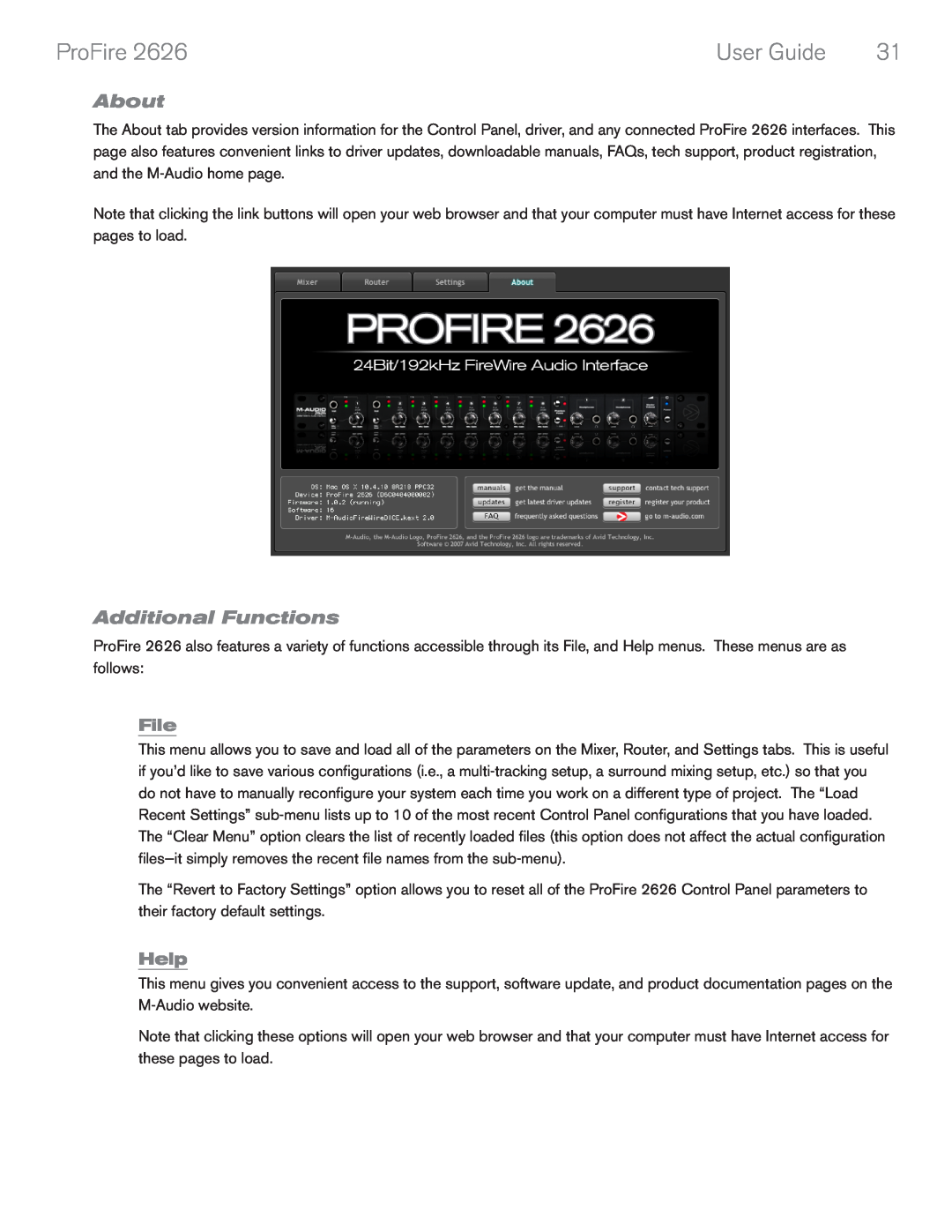 M-Audio 2626 manual About, Additional Functions, File, Help, ProFire, User Guide 
