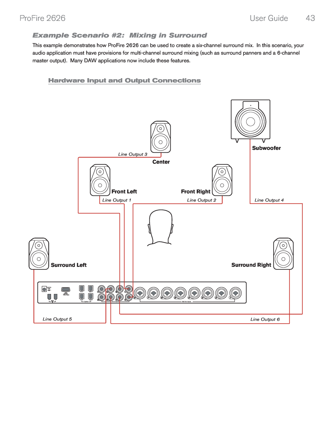 M-Audio 2626 manual Example Scenario #2: Mixing in Surround, Center, Subwoofer, Surround Left, Surround Right, ProFire 