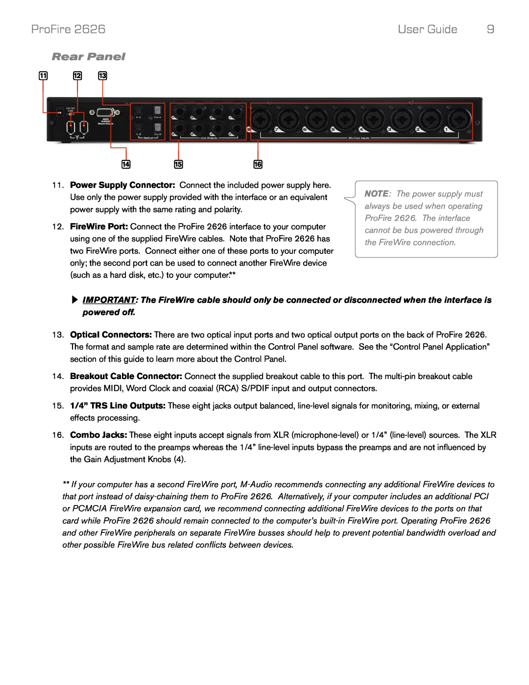 M-Audio 2626 manual Rear Panel, ProFire, User Guide 