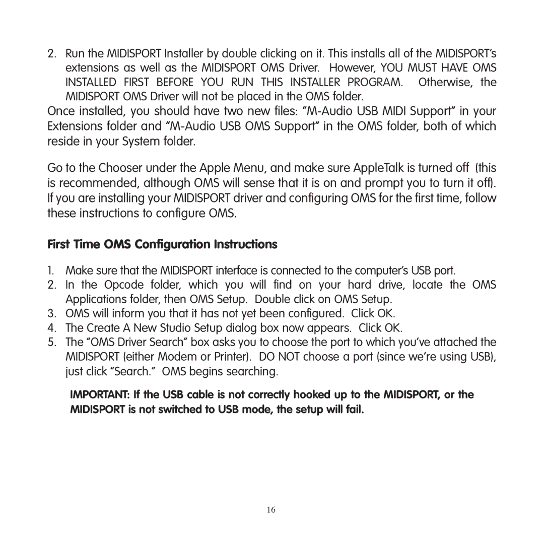 M-Audio 1x1, 2x4, 2x2, 4x4 manual First Time OMS Configuration Instructions 