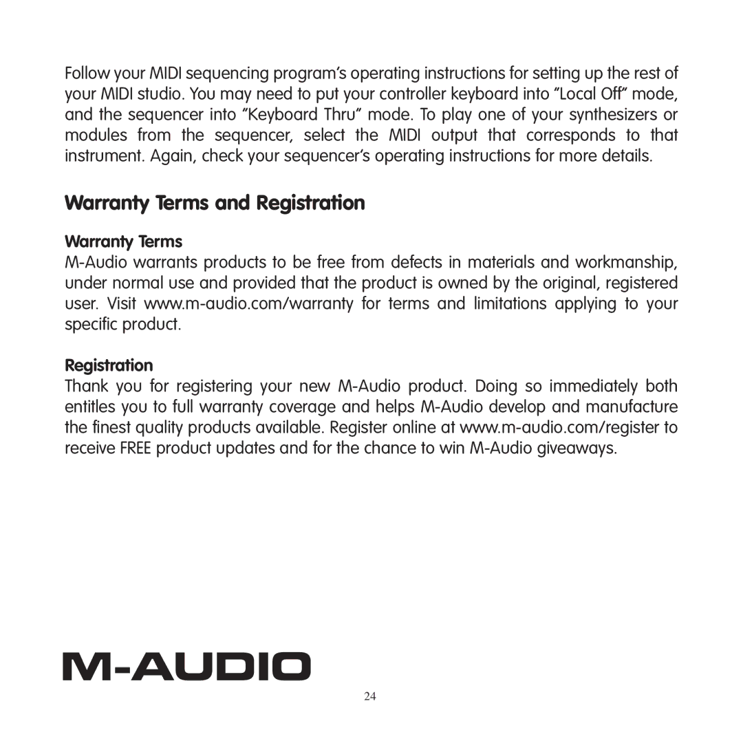 M-Audio 1x1, 2x4, 2x2, 4x4 manual Warranty Terms and Registration, Warranty Terms Registration 