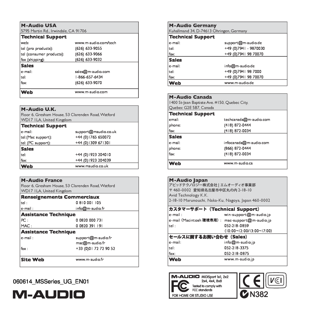 M-Audio 2x2, 2x4, 1x1, 4x4 manual 060614MSSeriesUGEN01, セールスに関するお問い合わせ（Sales） 