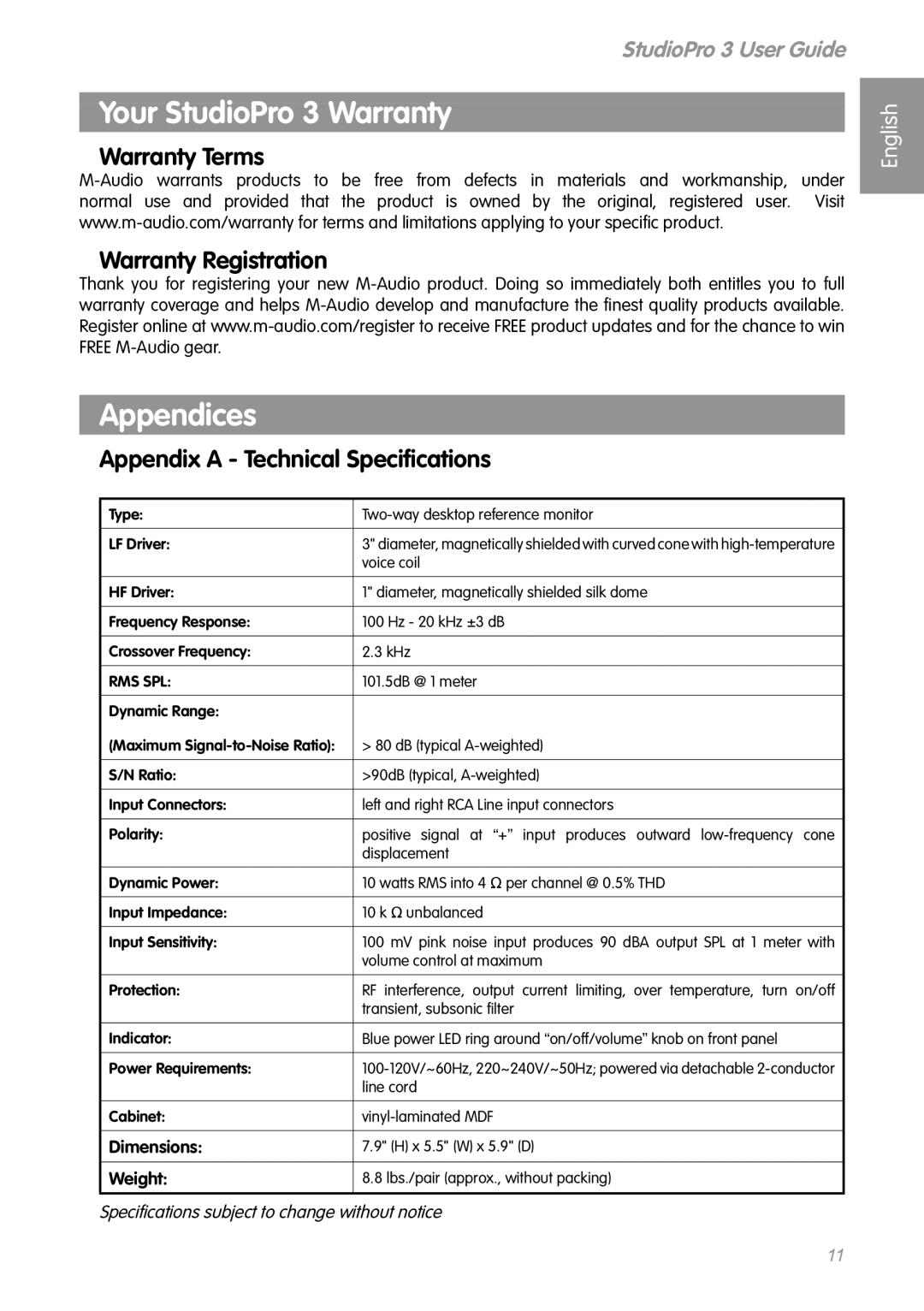 M-Audio Your StudioPro 3 Warranty, Appendices, Warranty Terms Warranty Registration, Appendix a Technical Speciﬁcations 