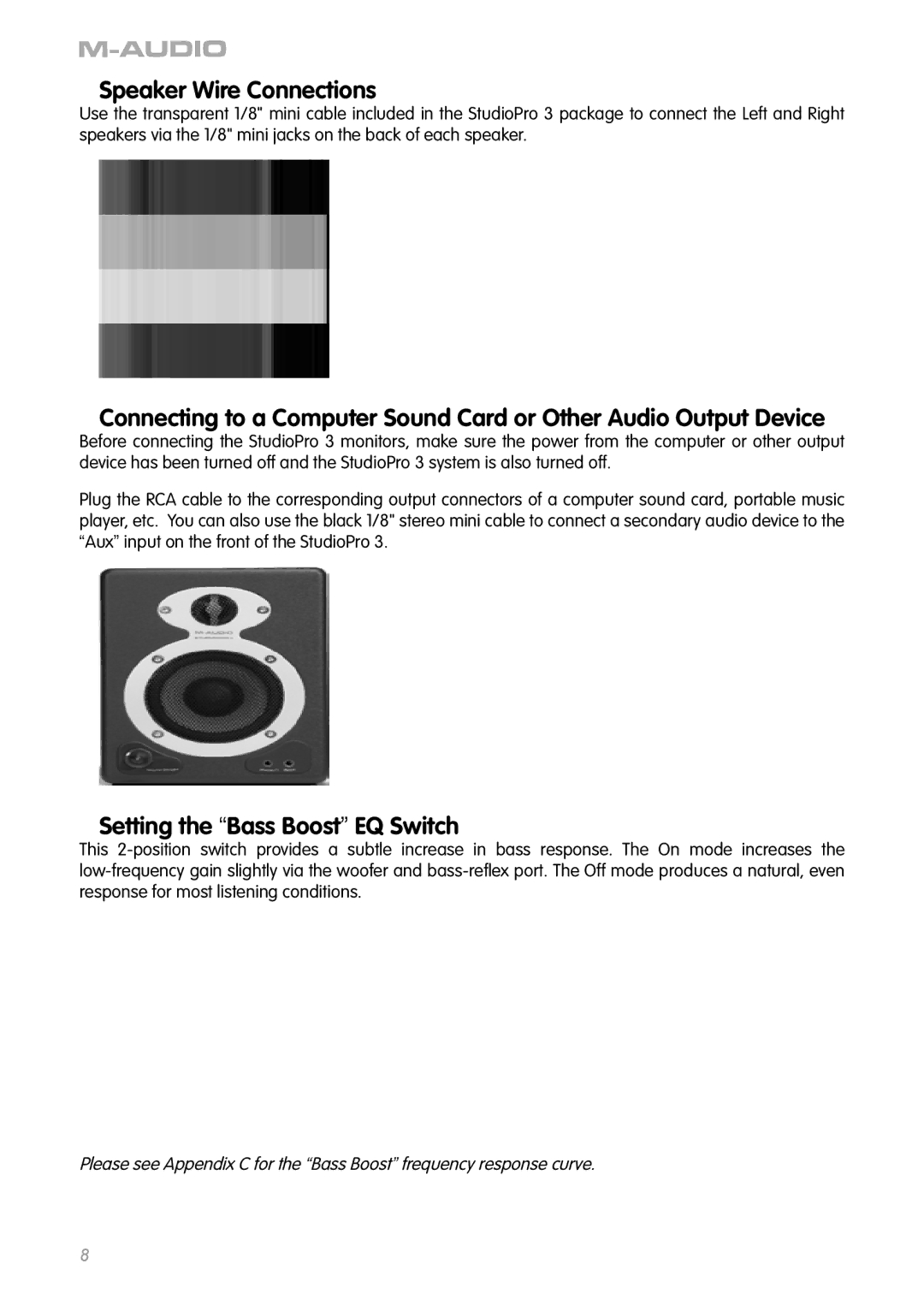 M-Audio 3 manual Speaker Wire Connections, Setting the Bass Boost EQ Switch 