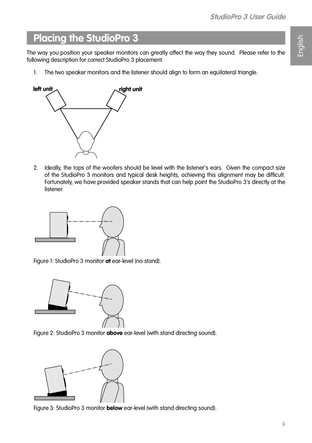 M-Audio manual Placing the StudioPro, StudioPro 3 monitor at ear-level no stand 