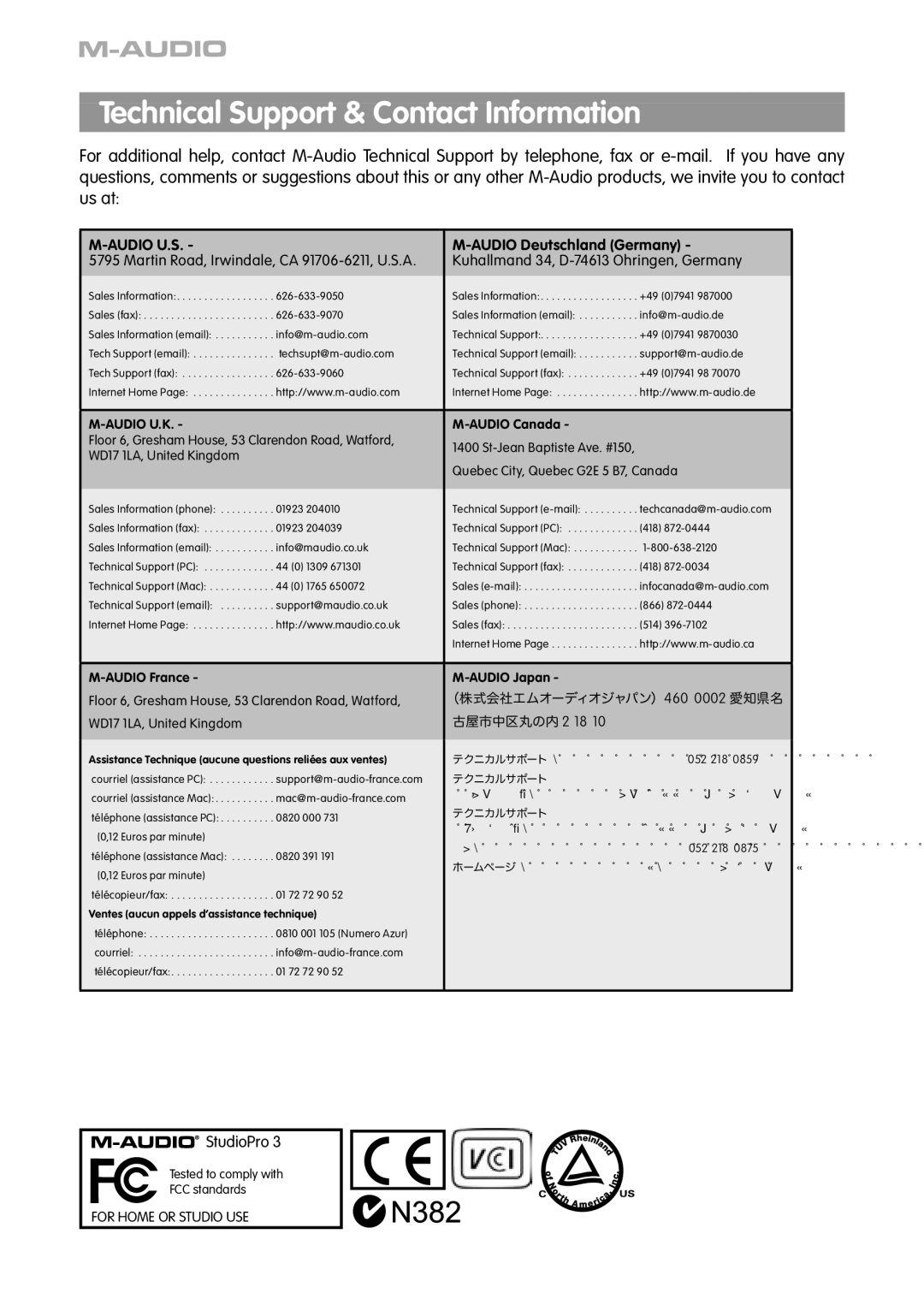 M-Audio 3 manual Technical Support & Contact Information, Audio U.S 