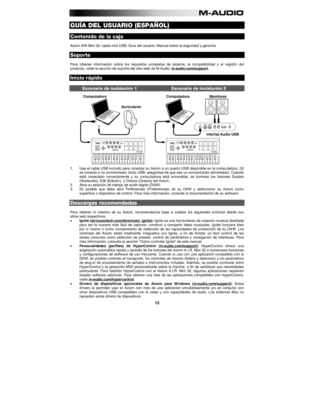 M-Audio 32 Contenido de la caja, Soporte Inicio rápido, Descargas recomendadas, Computadora Monitores Auriculares 