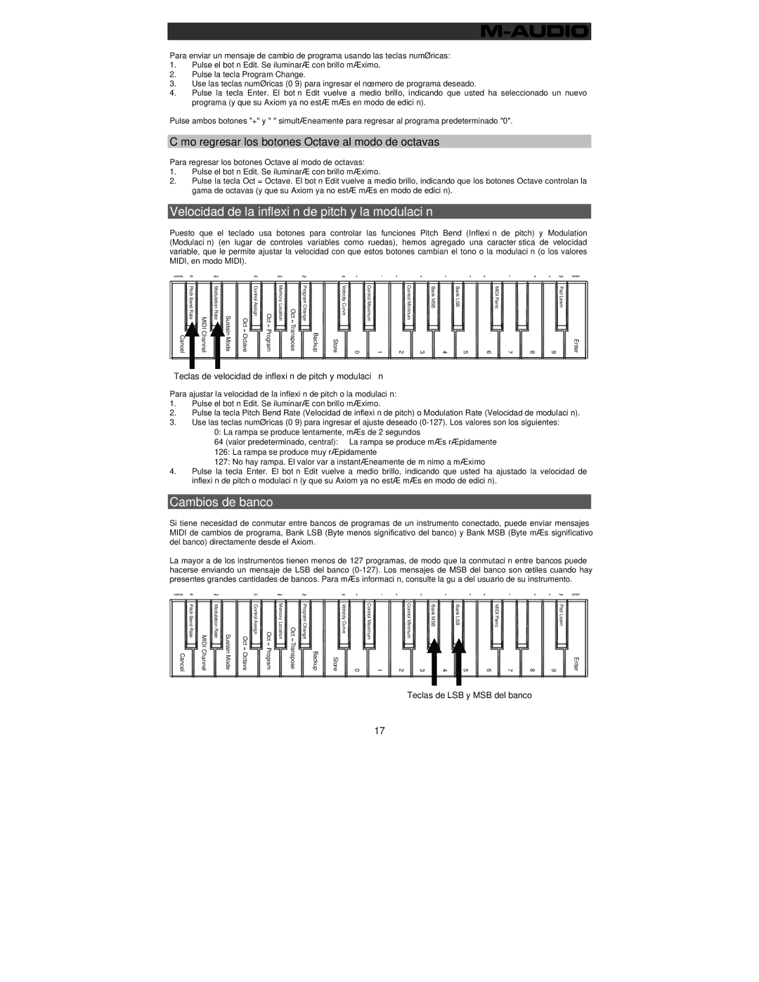 M-Audio 32 user manual Velocidad de la inflexión de pitch y la modulación, Cambios de banco 