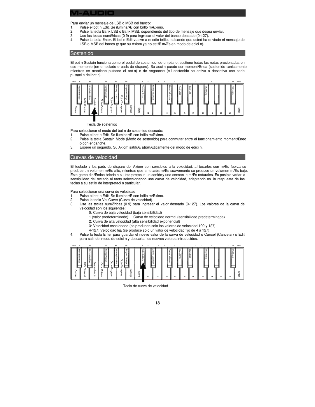 M-Audio 32 user manual Sostenido, Curvas de velocidad, Para enviar un mensaje de LSB o MSB del banco 