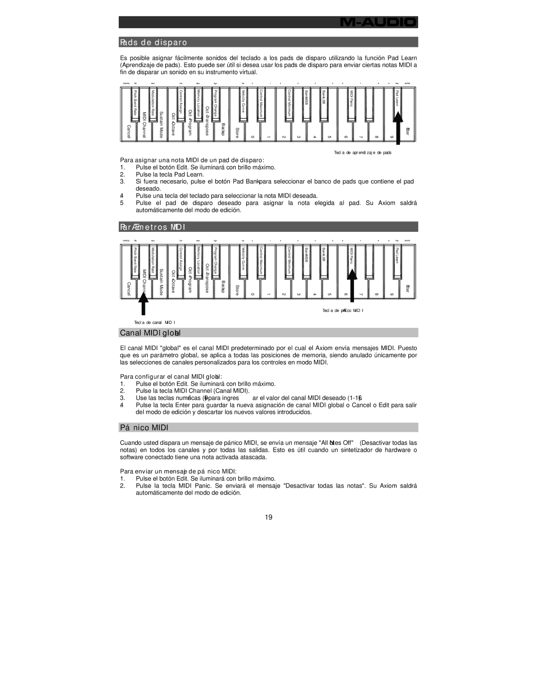 M-Audio 32 user manual Pads de disparo, Parámetros Midi, Canal Midi global, Pánico Midi 