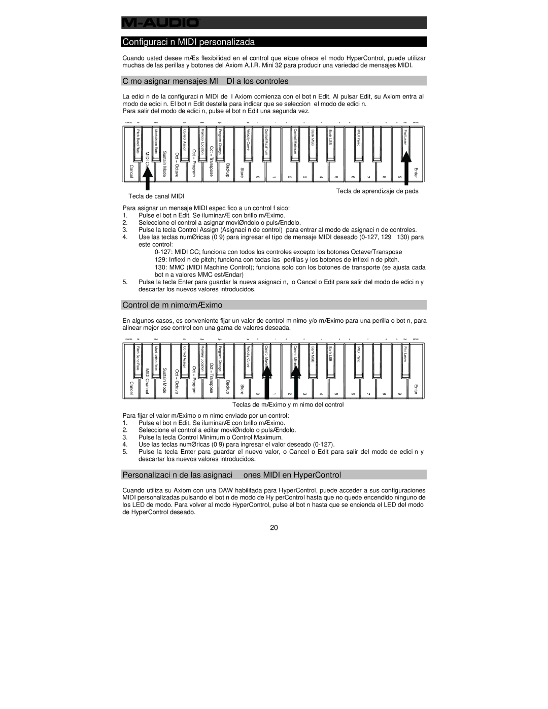 M-Audio 32 Configuración Midi personalizada, Cómo asignar mensajes Midi a los controles, Control de mínimo/máximo 