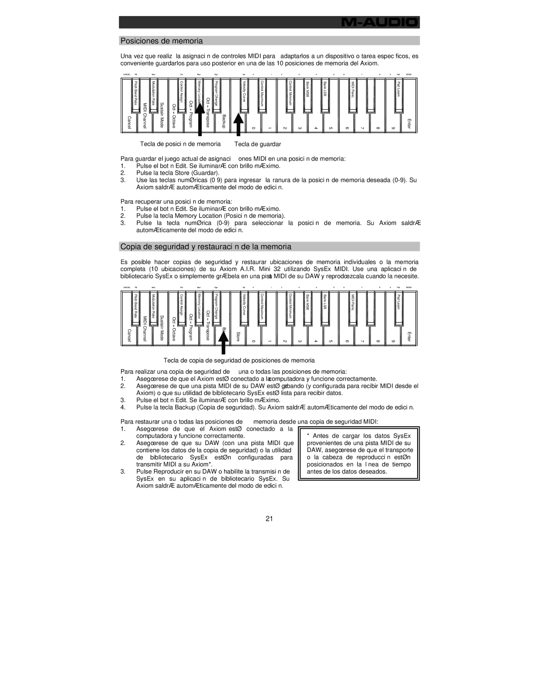 M-Audio 32 Posiciones de memoria, Copia de seguridad y restauración de la memoria, Para recuperar una posición de memoria 