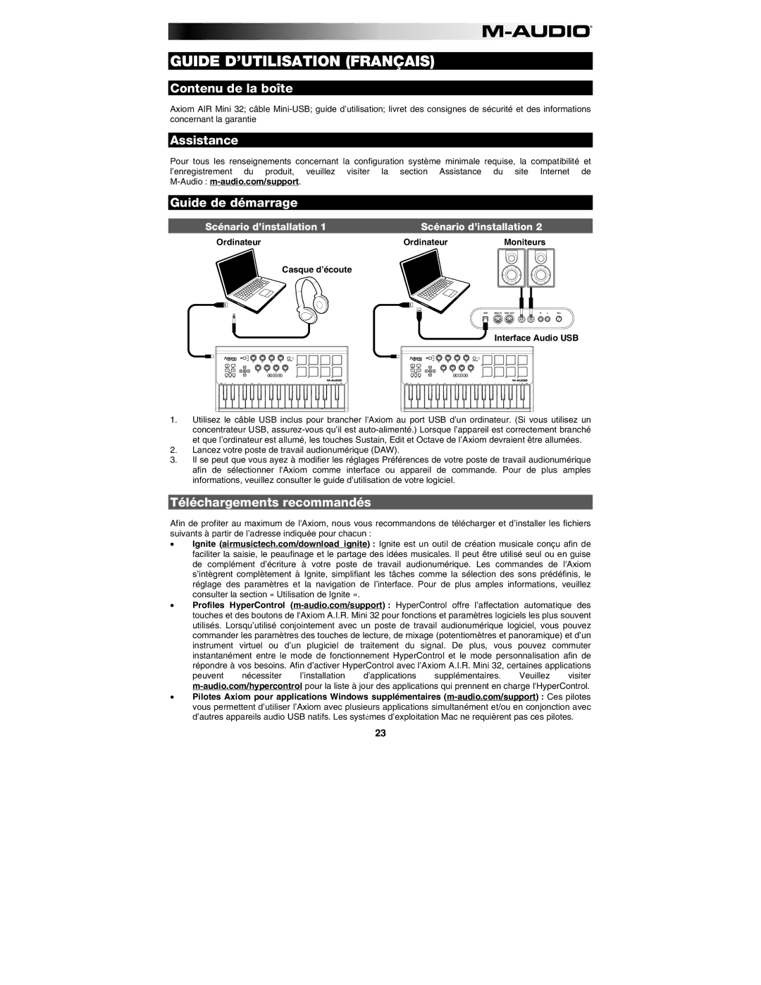 M-Audio 32 user manual Contenu de la boîte, Assistance Guide de démarrage, Téléchargements recommandés, Interface Audio USB 