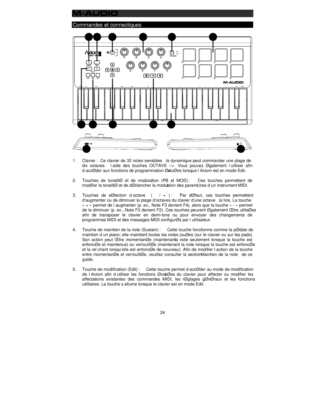 M-Audio 32 user manual Commandes et connectiques 