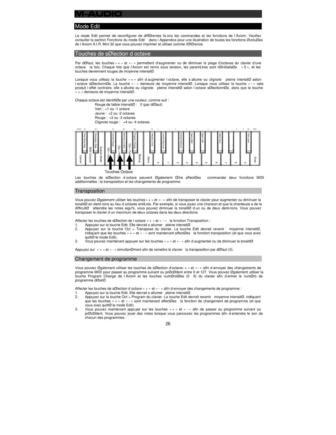 M-Audio 32 user manual Mode Edit, Touches de sélection d’octave, Transposition, Changement de programme 