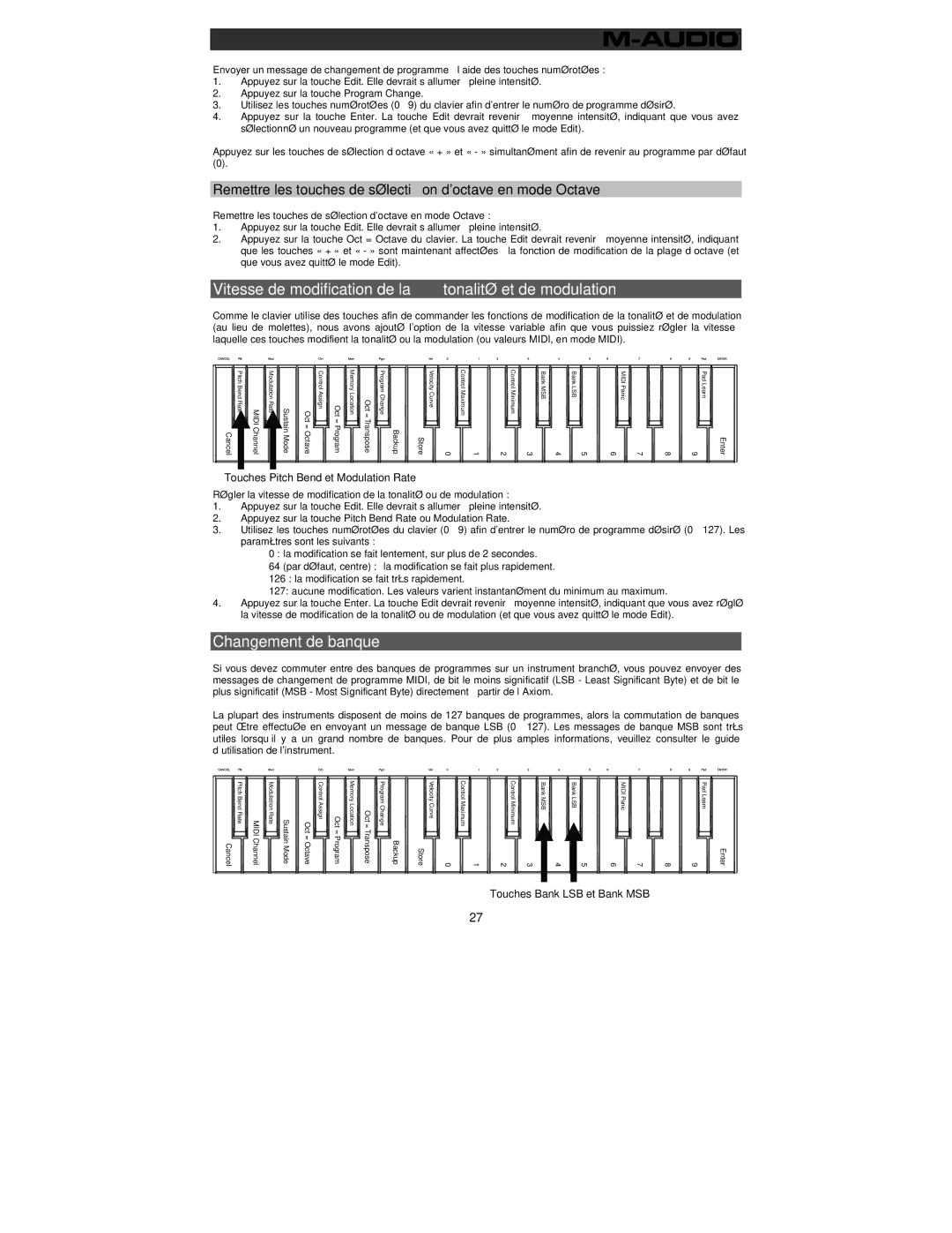 M-Audio 32 user manual Vitesse de modification de la tonalité et de modulation, Changement de banque 