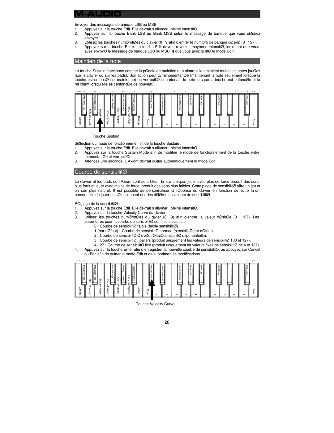 M-Audio 32 user manual Maintien de la note, Courbe de sensibilité, Envoyer des messages de banque LSB ou MSB 