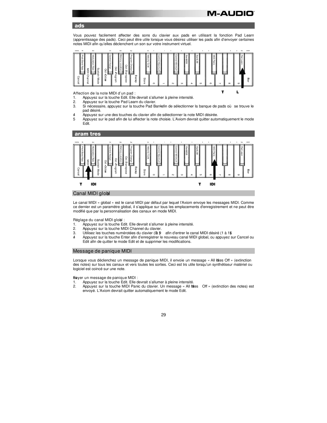 M-Audio 32 user manual Pads, Paramètres Midi, Message de panique Midi 