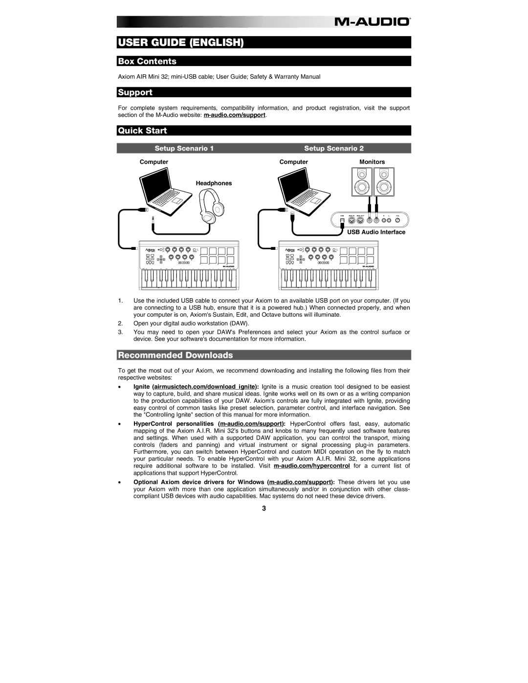 M-Audio 32 Box Contents, Support Quick Start, Recommended Downloads, Computer Monitors Headphones, USB Audio Interface 