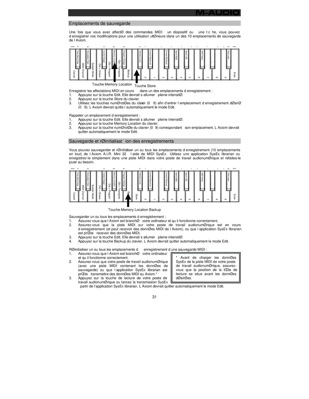 M-Audio 32 user manual Emplacements de sauvegarde, Sauvegarde et réinitialisation des enregistrements 