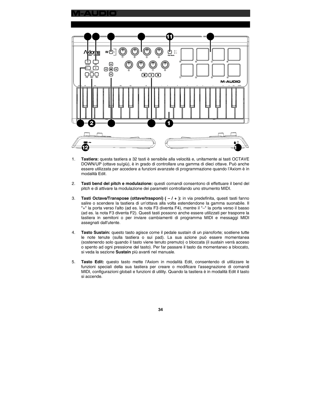 M-Audio 32 user manual Comandi e collegamenti 