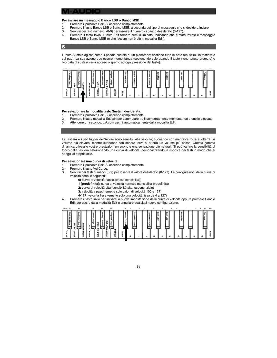 M-Audio 32 Curva di velocità, Per inviare un messaggio Banco LSB o Banco MSB, Per selezionare una curva di velocità 
