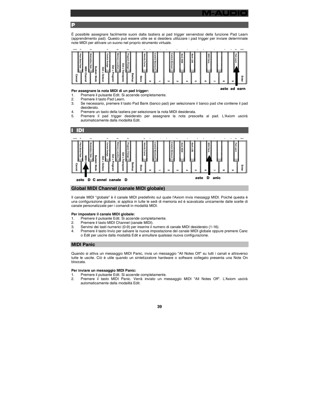 M-Audio 32 user manual Pad trigger, Impostazioni Midi, Global Midi Channel canale Midi globale 