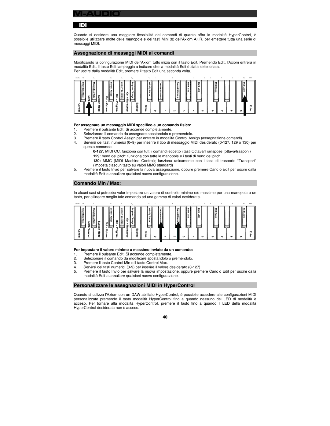 M-Audio 32 user manual Configurazione Midi personalizzata, Assegnazione di messaggi Midi ai comandi, Comando Min / Max 