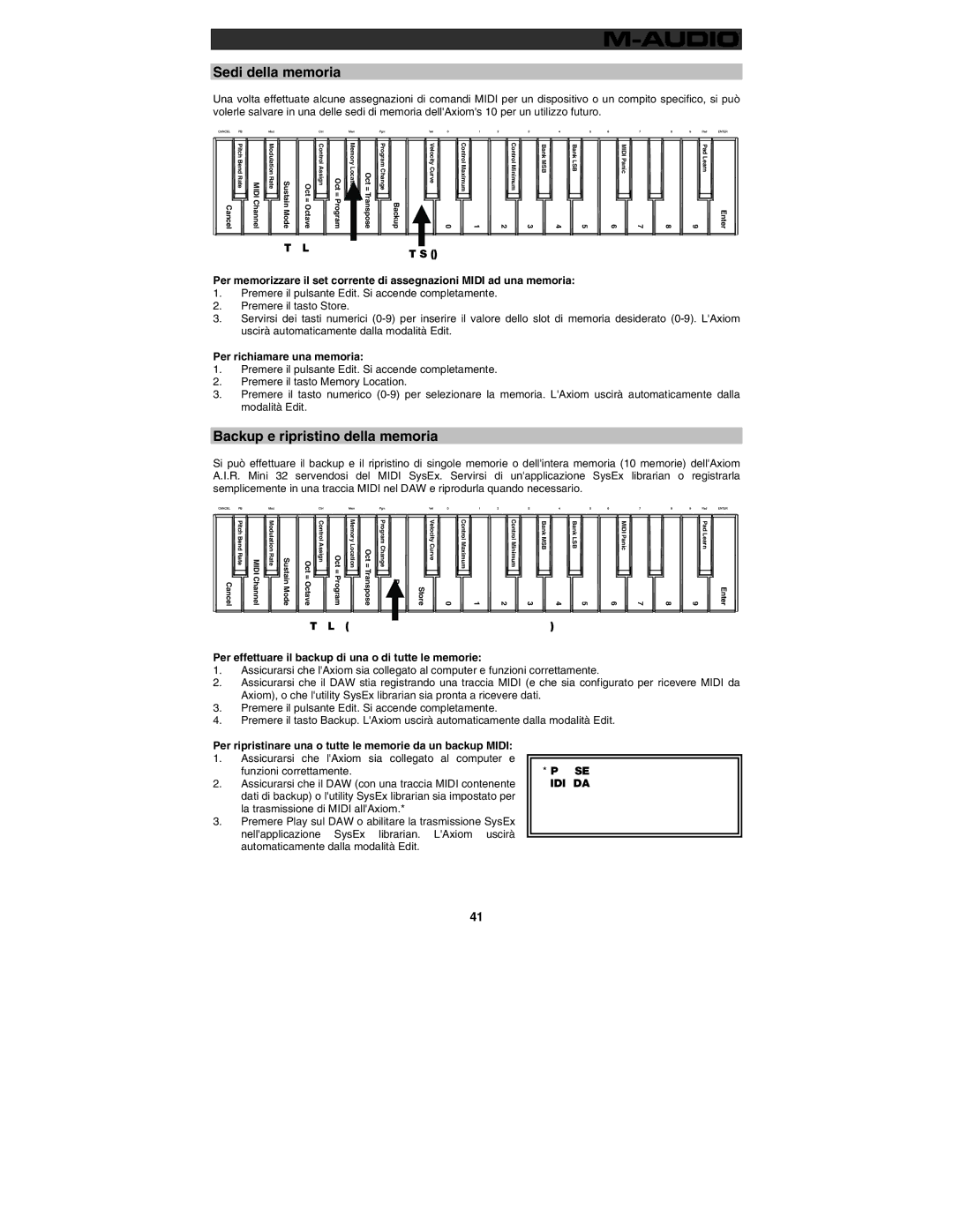 M-Audio 32 user manual Sedi della memoria, Backup e ripristino della memoria, Per richiamare una memoria 