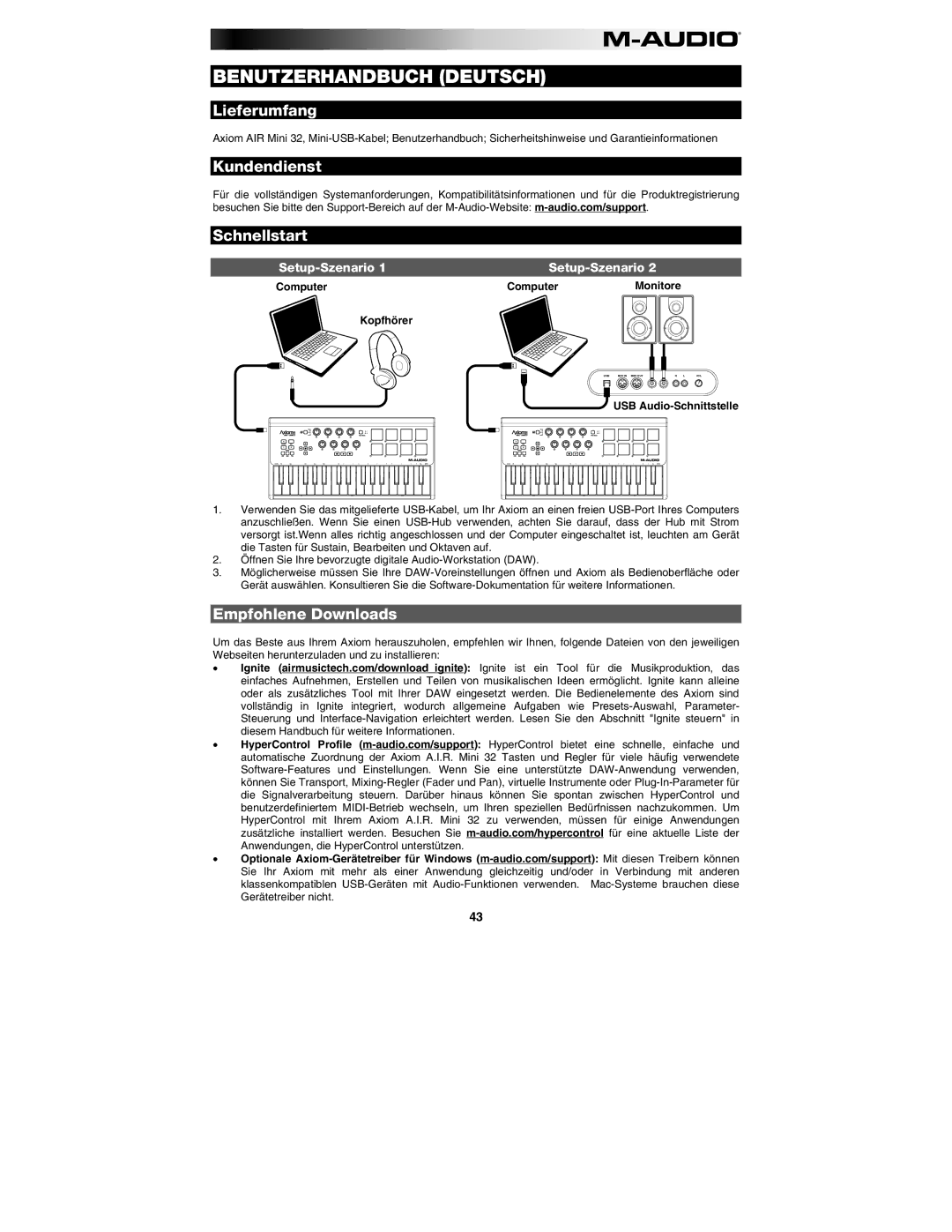 M-Audio 32 user manual Lieferumfang, Kundendienst Schnellstart, Empfohlene Downloads, Kopfhörer, USB Audio-Schnittstelle 