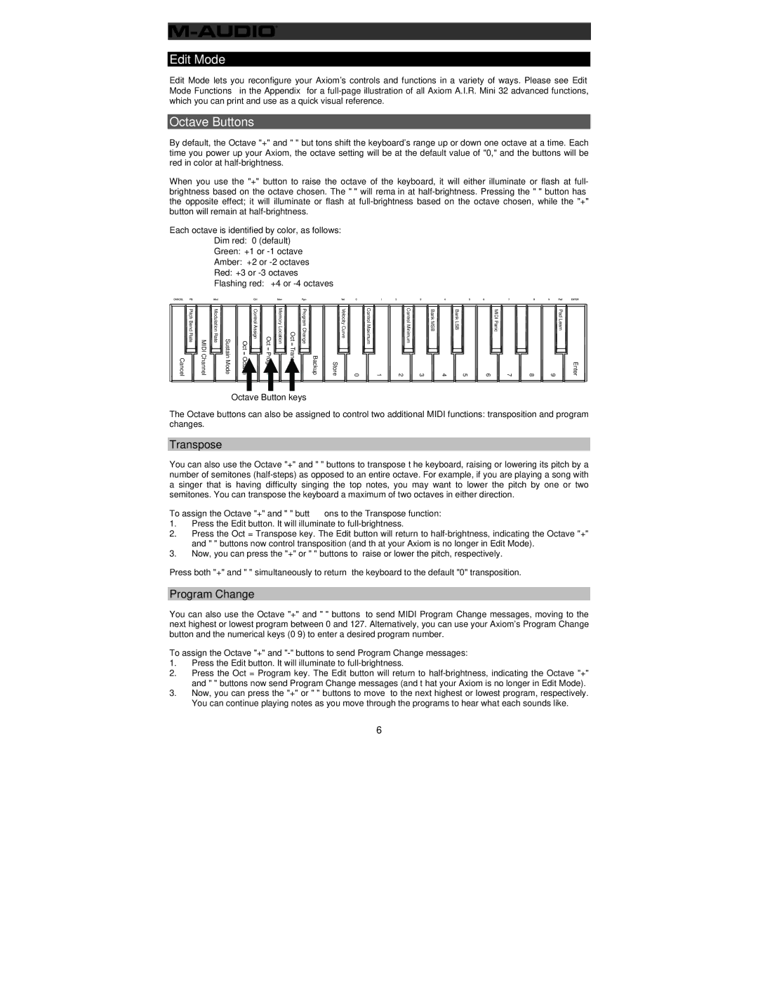 M-Audio 32 user manual Edit Mode, Octave Buttons, Transpose, Program Change 