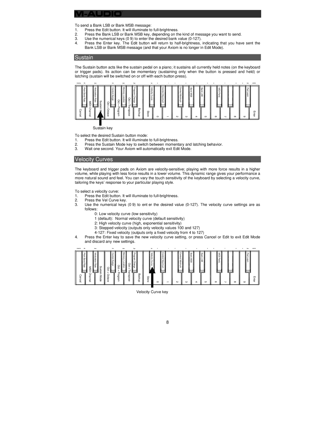 M-Audio 32 Velocity Curves, To send a Bank LSB or Bank MSB message, To select the desired Sustain button mode 