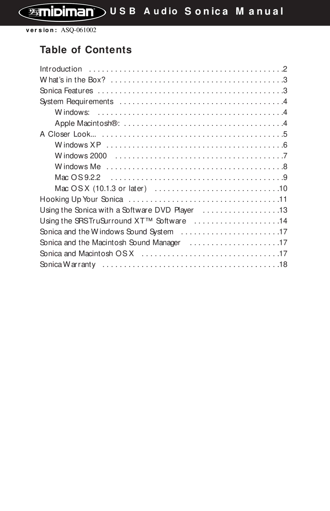 M-Audio 4219/MRP, 4230/MRP, 4220/MRP, 4215/MRP warranty USB Audio Sonica Manual, Table of Contents 