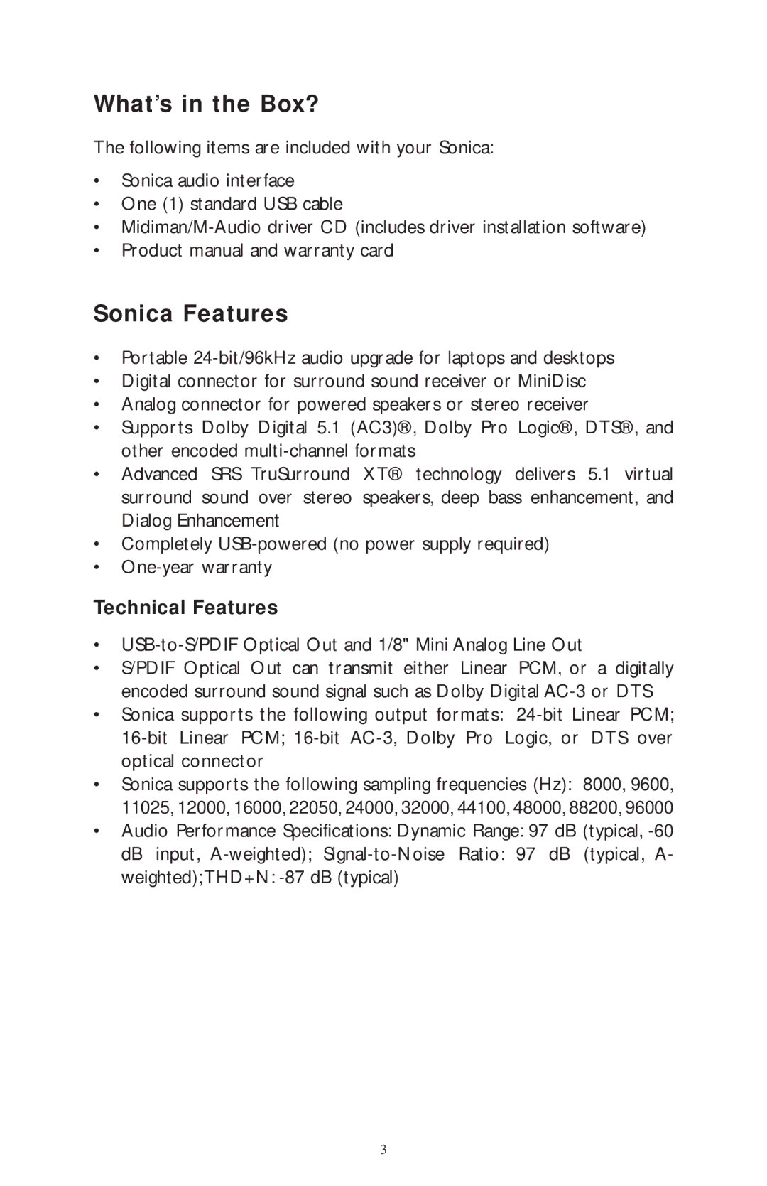 M-Audio 4215/MRP, 4230/MRP, 4219/MRP, 4220/MRP warranty What’s in the Box?, Sonica Features, Technical Features 