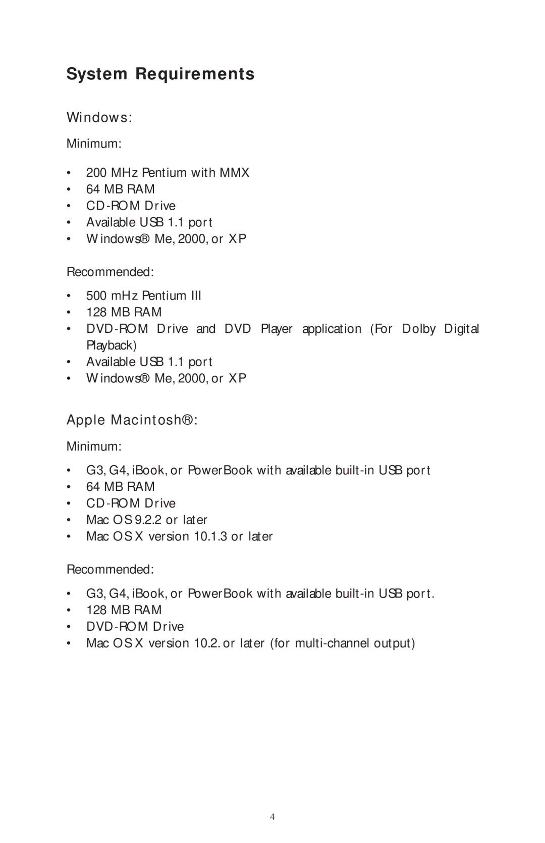 M-Audio 4230/MRP, 4219/MRP, 4220/MRP, 4215/MRP warranty System Requirements, Windows, Apple Macintosh 