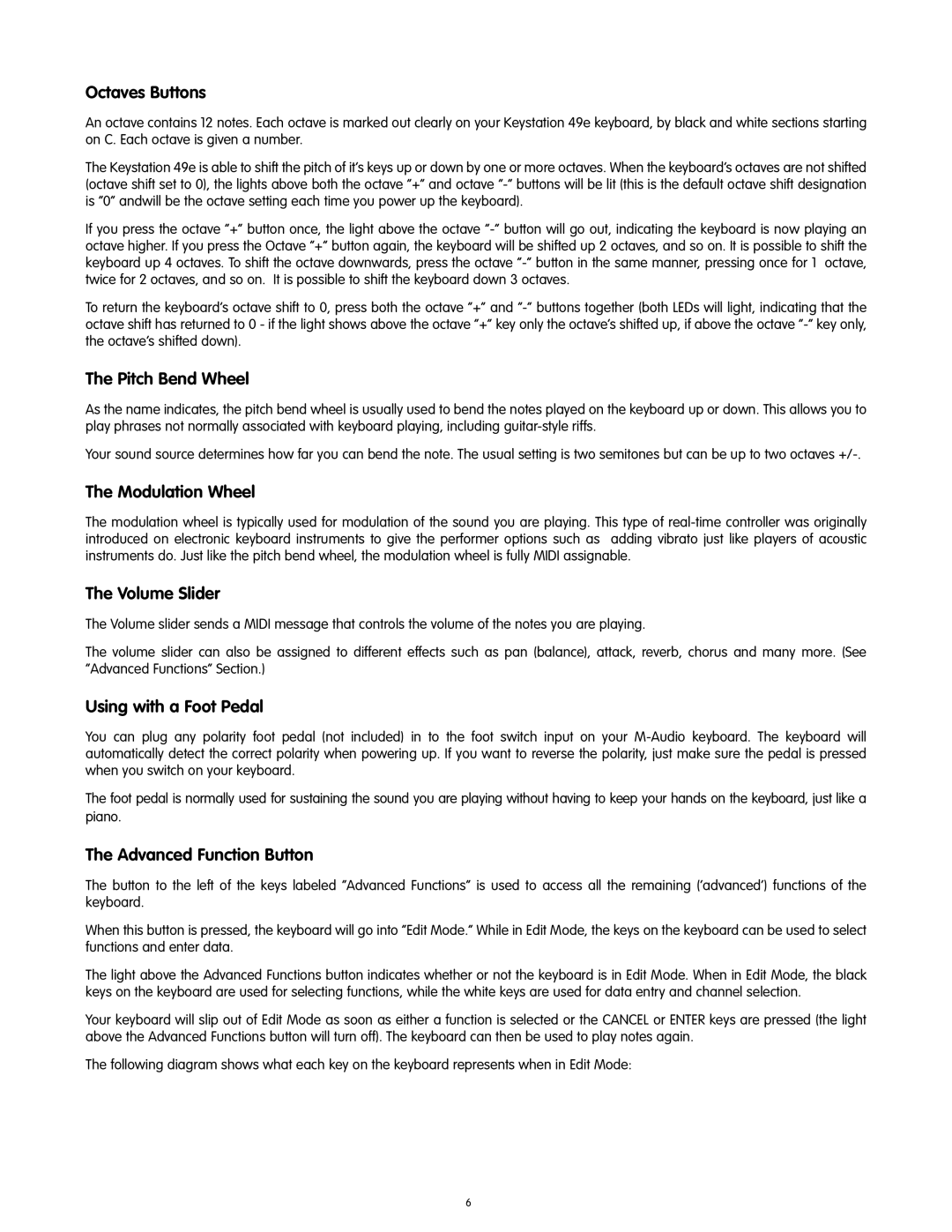 M-Audio 49-KEY manual Octaves Buttons, Pitch Bend Wheel, Modulation Wheel, Volume Slider, Using with a Foot Pedal 