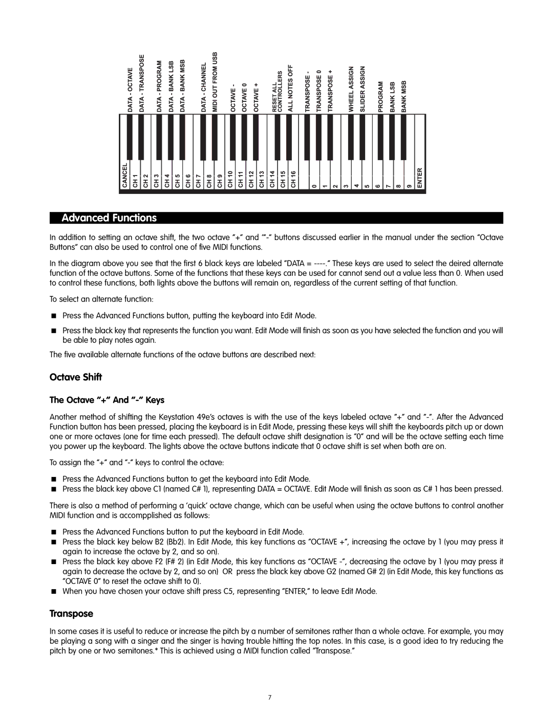 M-Audio 49-KEY manual Advanced Functions, Octave Shift, Transpose, Octave + And Keys 