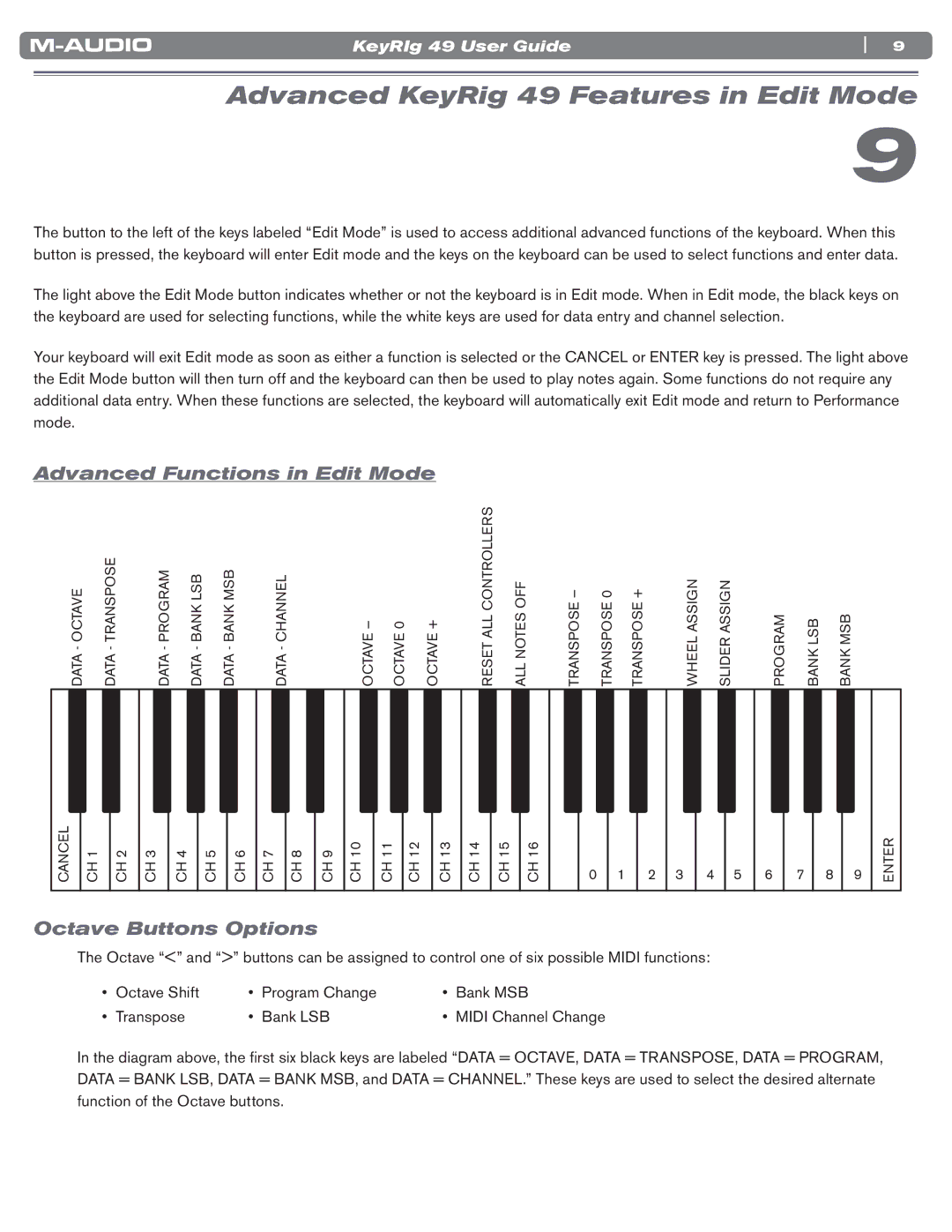 M-Audio manual Advanced KeyRig 49 Features in Edit Mode, Advanced Functions in Edit Mode, Octave Buttons Options 