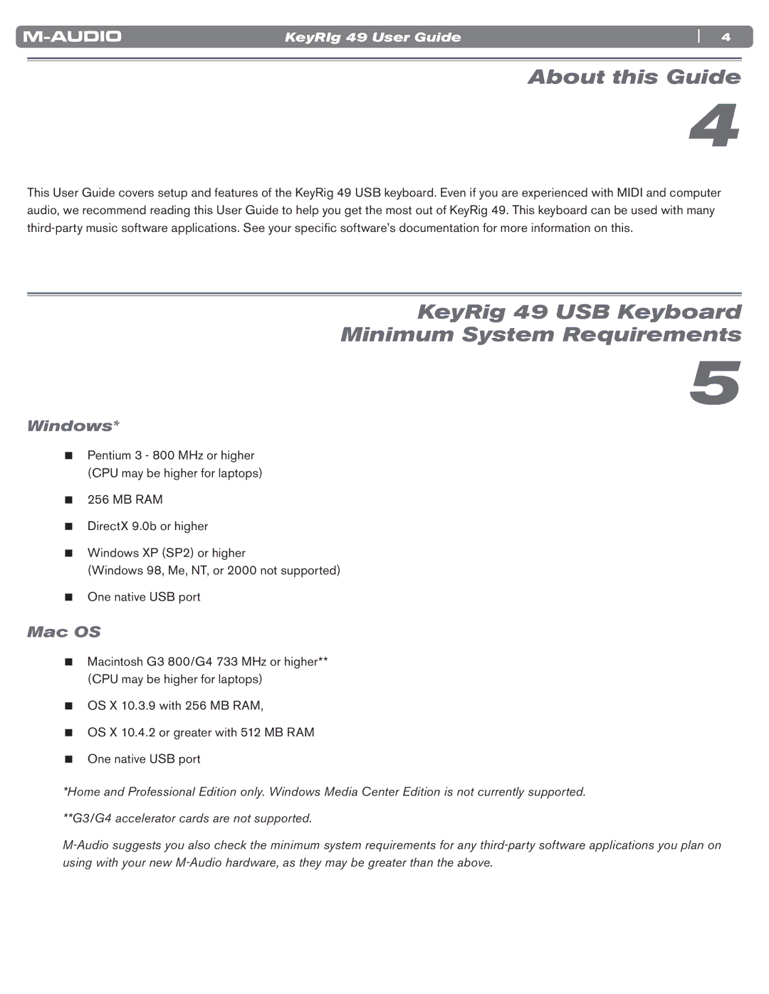 M-Audio manual About this Guide, KeyRig 49 USB Keyboard Minimum System Requirements, Windows, Mac OS 