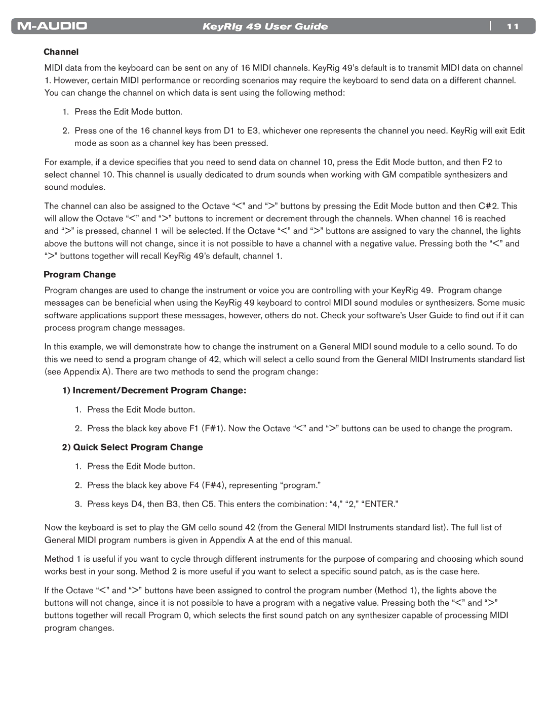 M-Audio 49 manual Channel, Increment/Decrement Program Change, Quick Select Program Change 