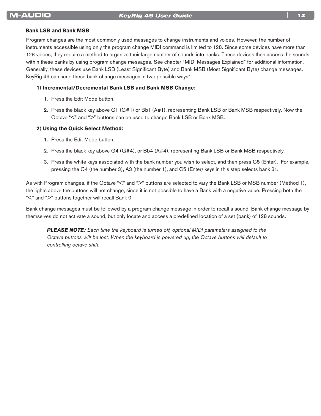 M-Audio 49 manual Incremental/Decremental Bank LSB and Bank MSB Change, Using the Quick Select Method 