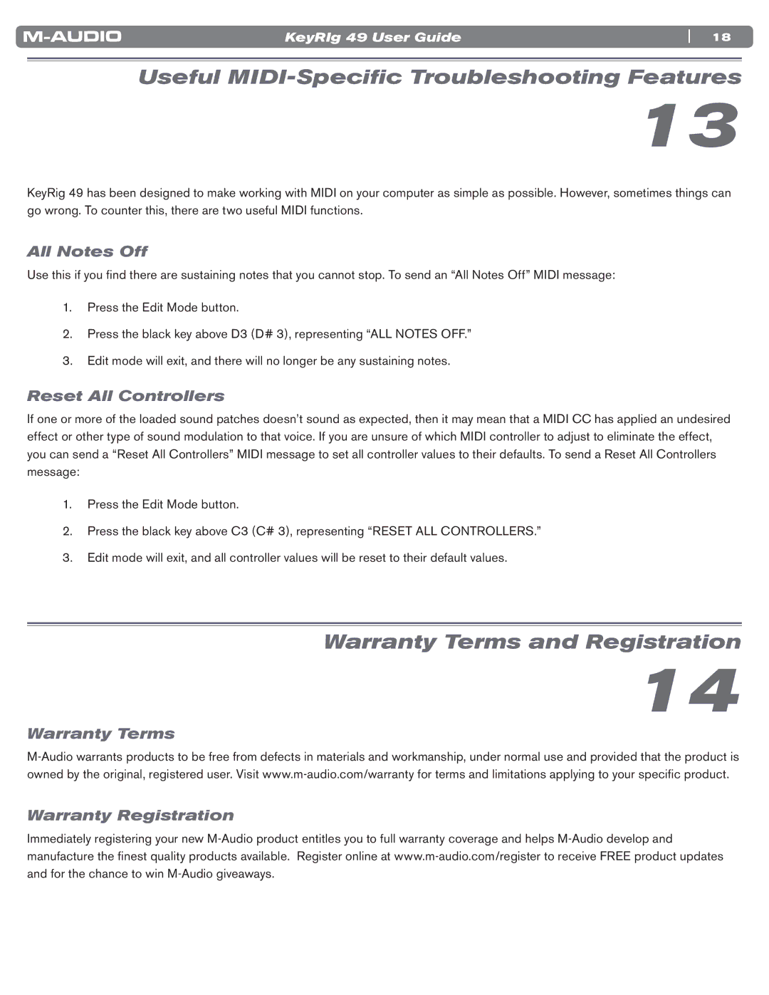 M-Audio 49 manual Useful MIDI-Specific Troubleshooting Features, Warranty Terms and Registration, All Notes Off 