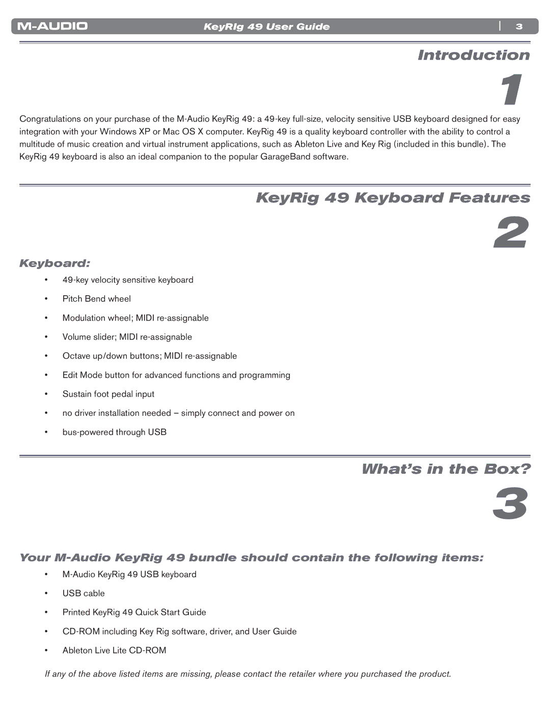 M-Audio manual Introduction, KeyRig 49 Keyboard Features, What’s in the Box? 