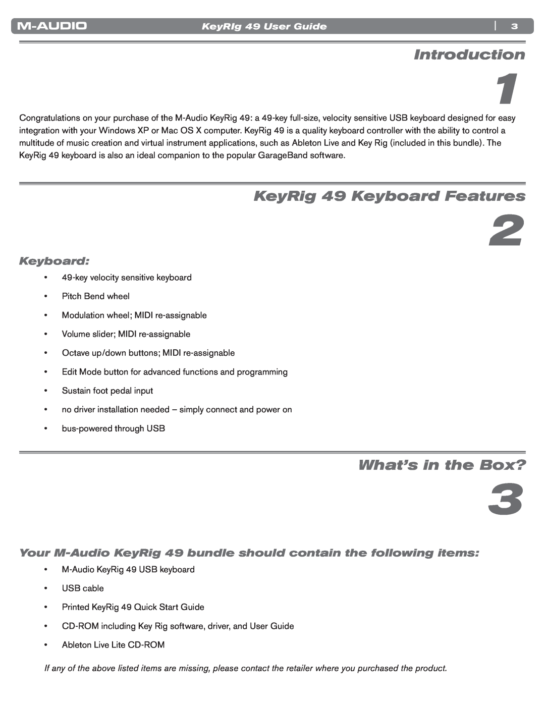 M-Audio manual Introduction, KeyRig 49 Keyboard Features, What’s in the Box?, KeyRIg 49 User Guide 