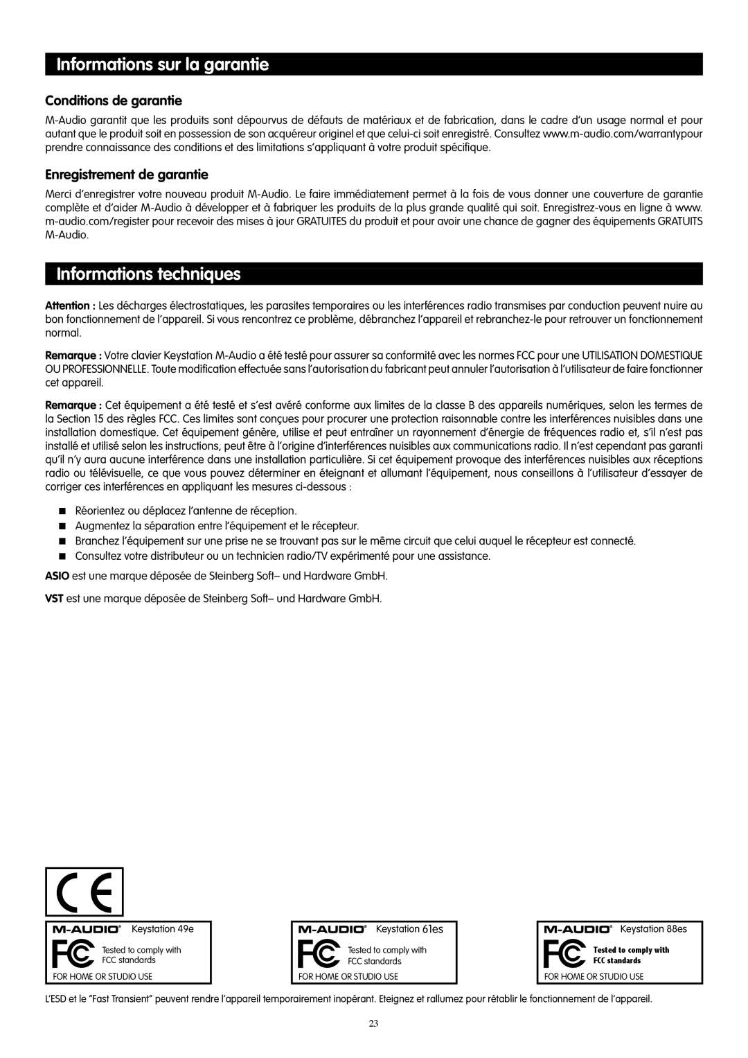 M-Audio 49es Informations sur la garantie, Informations techniques, Conditions de garantie Enregistrement de garantie 